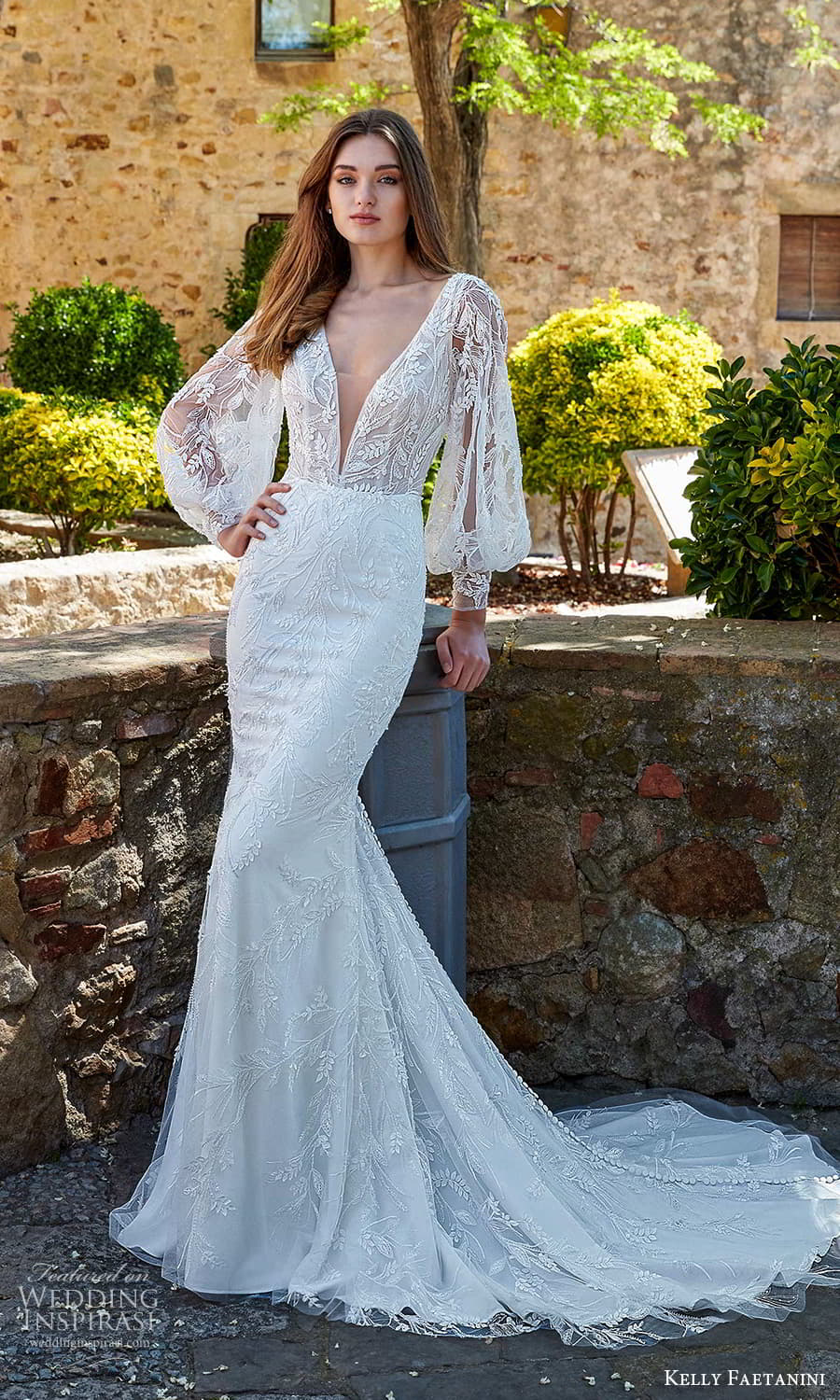 kelly faetanini spring 2022 campaign bridal sheer bishop sleeve plunging v neckline fully embellished lace sheath wedding dress chapel train (17) mv