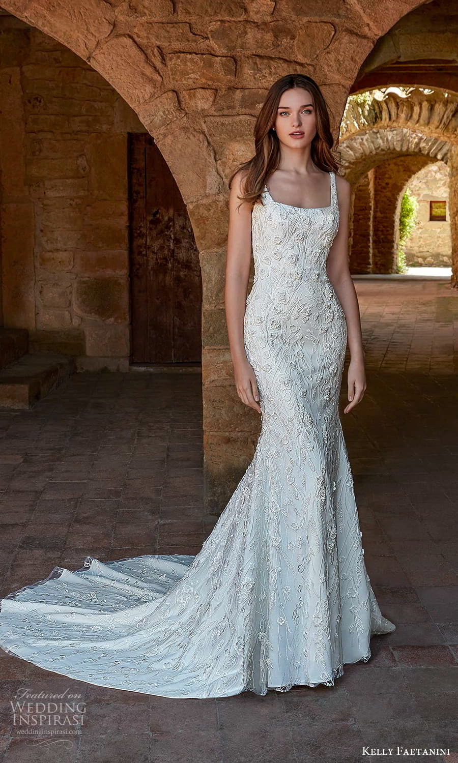 kelly faetanini spring 2022 campaign bridal sleeveless straps square neckline fully embellished lace sheath wedding dress chapel train (6) mv