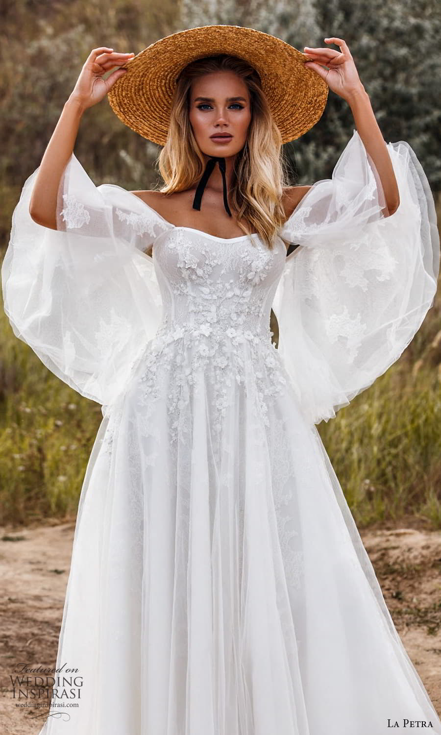 la petra 2021 bridal detachable flare sleeves strapless semi sweetheart neckline embellished bodice a line ball gown wedding dress chapel train ((5) mv