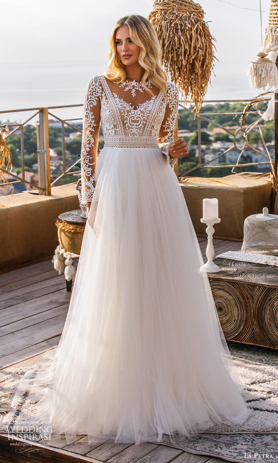 la petra 2021 bridal long sleeve illusion jewel neckline embellished lace bodice clean skirt a line wedding dress chapel train (7) mv