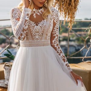 la petra 2021 bridal long sleeve illusion jewel neckline embellished lace bodice clean skirt a line wedding dress chapel train (7) zv
