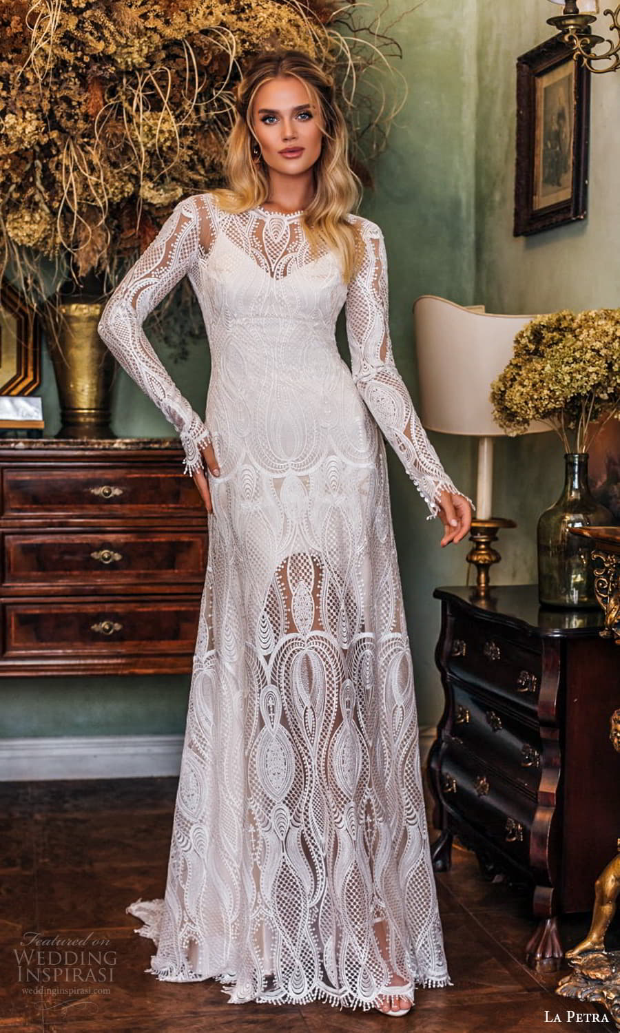 la petra 2021 bridal long sleeve jewel neckline sheer embellished lace sheath wedding dress chapel train (16) mv