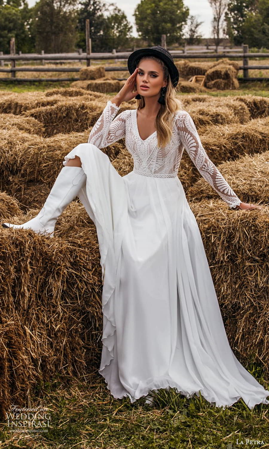 la petra 2021 bridal long sleeve v neckline embellished lace bodice clean skirt a line wedding dress (6) mv