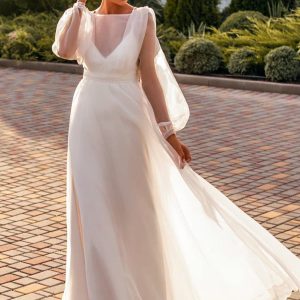 la petra 2021 bridal sheer bishop sleeve bateau neckline clean minimalist a line wedding dress chapel train (27) mv