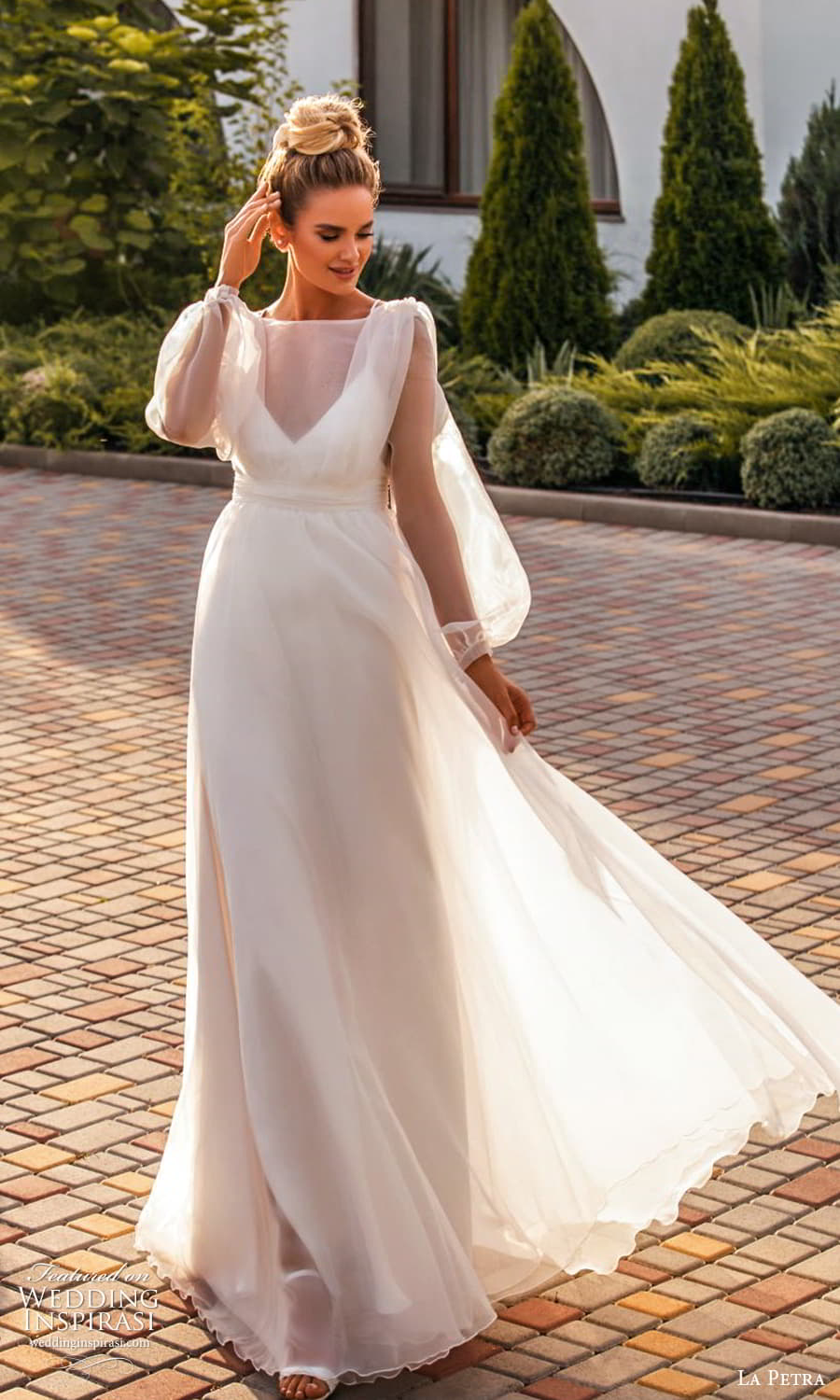 la petra 2021 bridal sheer bishop sleeve bateau neckline clean minimalist a line wedding dress chapel train (27) mv