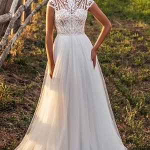 la petra 2021 bridal sheer cap sleeve jewel neckline embellished bodice clean skirt a line wedding drss chapel train (10) mv