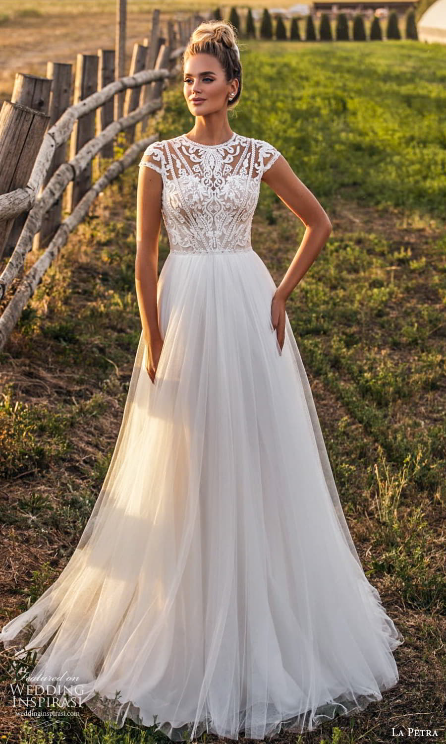 la petra 2021 bridal sheer cap sleeve jewel neckline embellished bodice clean skirt a line wedding drss chapel train (10) mv
