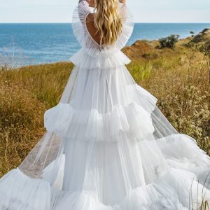la petra 2021 bridal sheer long sleeve flutter illusion jewel neckline tiered skirt a line ball gown wedding dress chapel train (8) bv