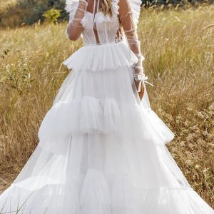 la petra 2021 bridal sheer long sleeve flutter illusion jewel neckline tiered skirt a line ball gown wedding dress chapel train (8) mv