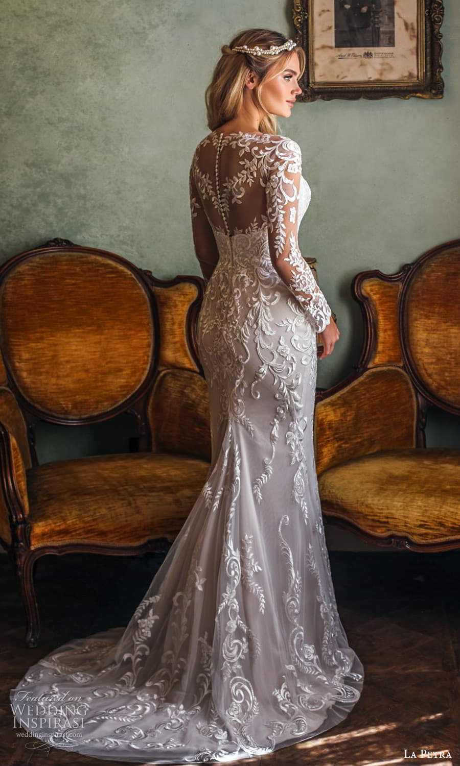 la petra 2021 bridal sheer long sleeve illusion jewel neck sweetheart neckline embellished lace sheath wedding dress chapel train (1) bv