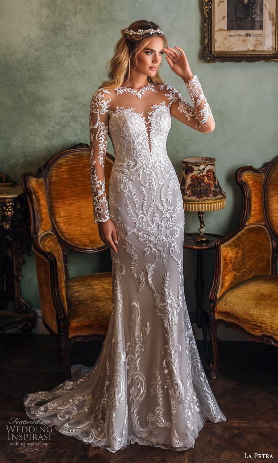 la petra 2021 bridal sheer long sleeve illusion jewel neck sweetheart neckline embellished lace sheath wedding dress chapel train (1) mv