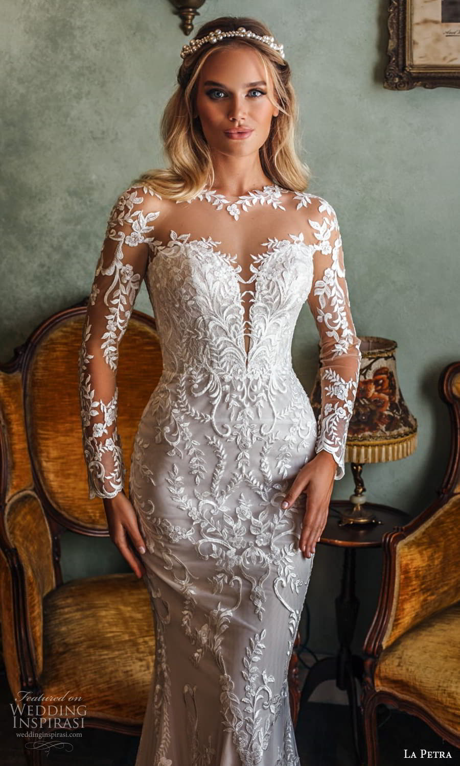 la petra 2021 bridal sheer long sleeve illusion jewel neck sweetheart neckline embellished lace sheath wedding dress chapel train (1) zv