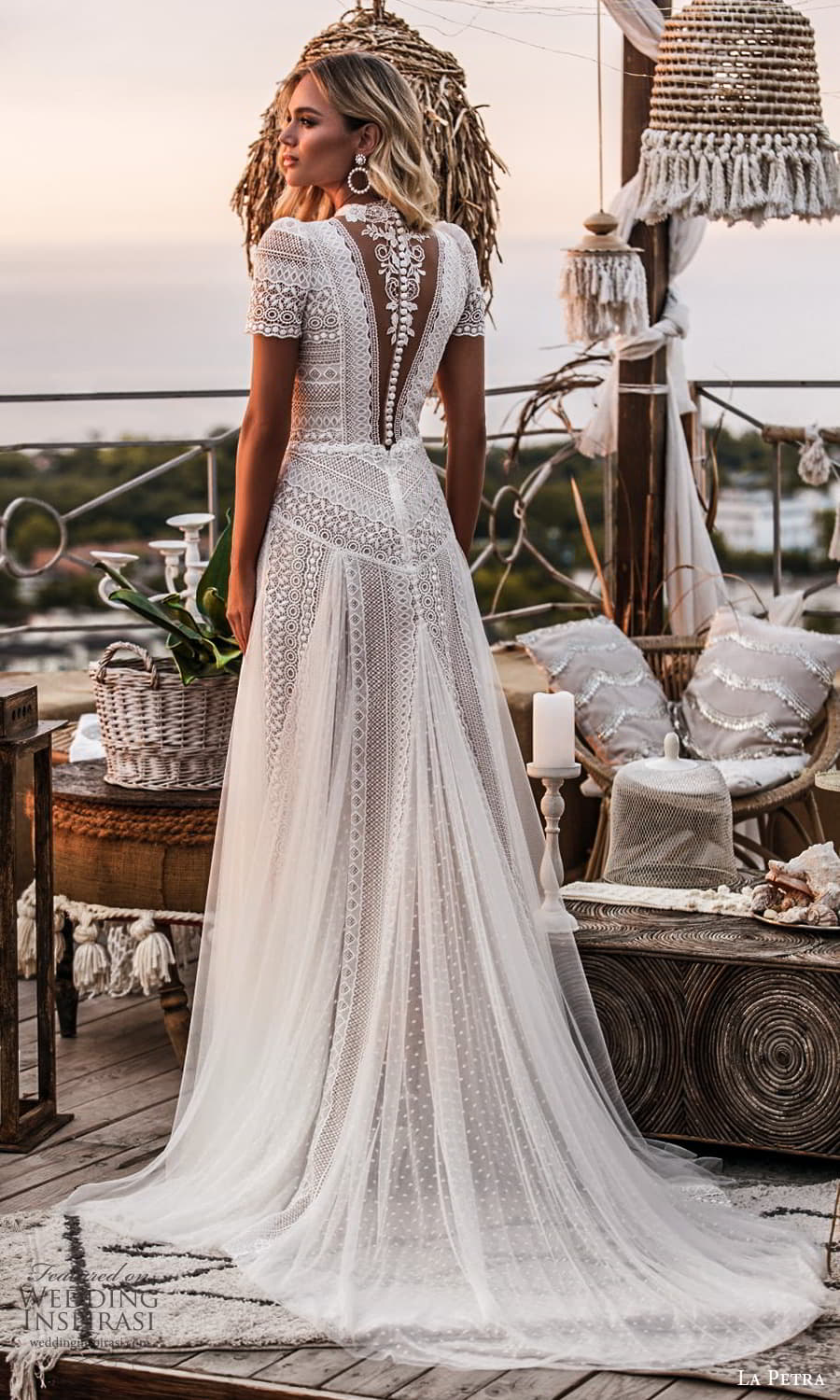 la petra 2021 bridal short sleeve high neckline fully embellished lace boho a line wedding dress chapel train (2) bv