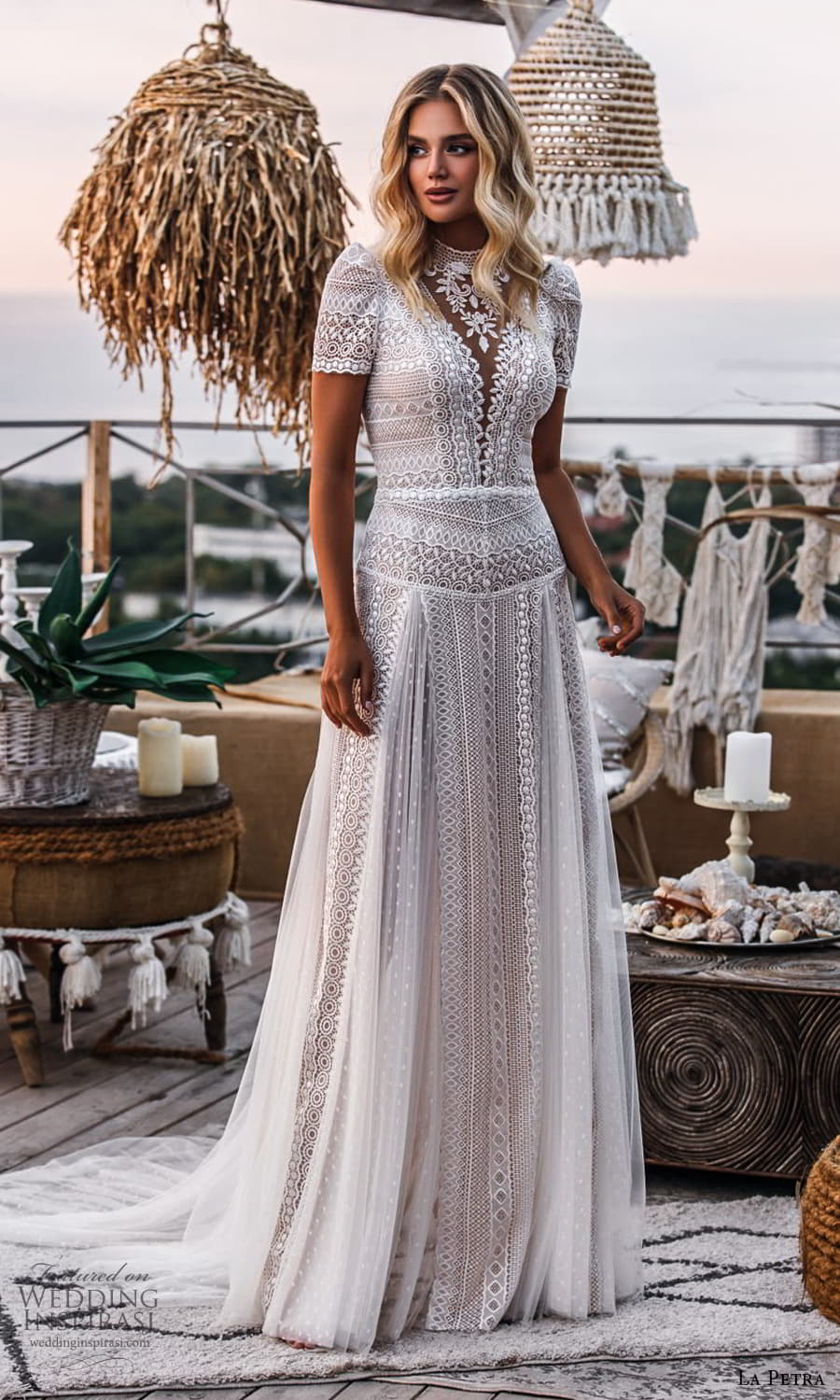 la petra 2021 bridal short sleeve high neckline fully embellished lace boho a line wedding dress chapel train (2) mv