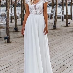 la petra 2021 bridal short sleeve v neckline embellished bodice clean skirt a line wedding dress sweep train (18) mv