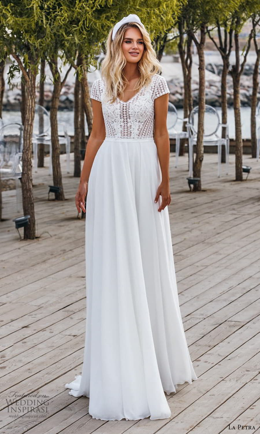la petra 2021 bridal short sleeve v neckline embellished bodice clean skirt a line wedding dress sweep train (18) mv