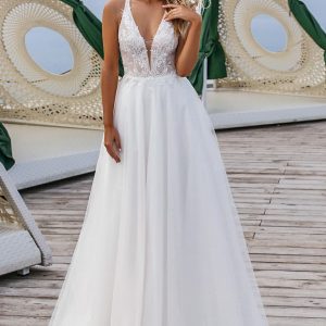 la petra 2021 bridal sleeveless straps plunging v neckline embellished bodice clean skirt a line wedding dress chapel train (20) mv