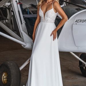 la petra 2021 bridal sleeveless straps plunging v neckline embellished bodice clean skirt a line wedding dress chepal train (21) mv
