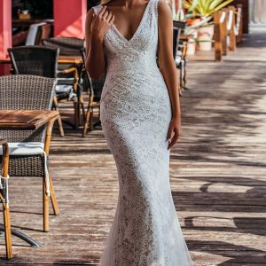 la petra 2021 bridal sleeveless straps v neckline fully embellished lace sheath wedding dress chapel train (19) mv