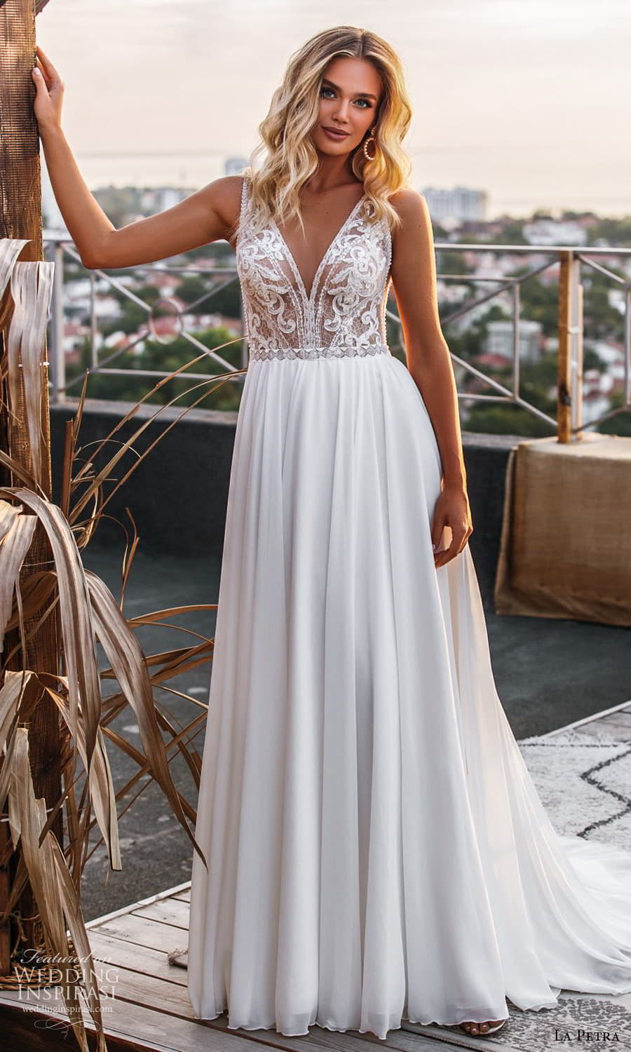 la petra 2021 bridal sleeveless straps v necklne embellished bodice clean skirt a line wedding dress chapel train (3) mv