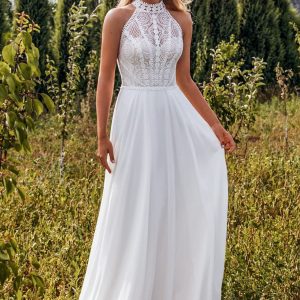 la petra 2021 bridal sleevelss halter neckline embellished bodice clean skirt a line wedding dress chapel train (12) mv