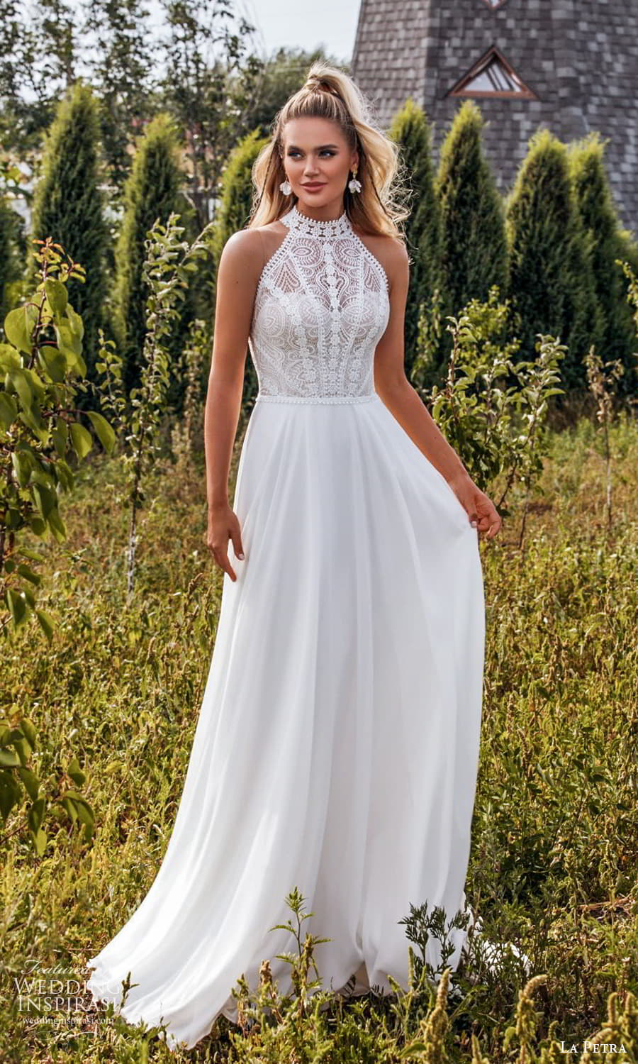 la petra 2021 bridal sleevelss halter neckline embellished bodice clean skirt a line wedding dress chapel train (12) mv