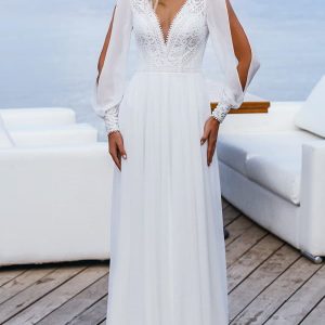la petra 2021 bridal split bishop sleeve v neckline embellished bodice clean skirt a line wedding dress chapel train (24) mv