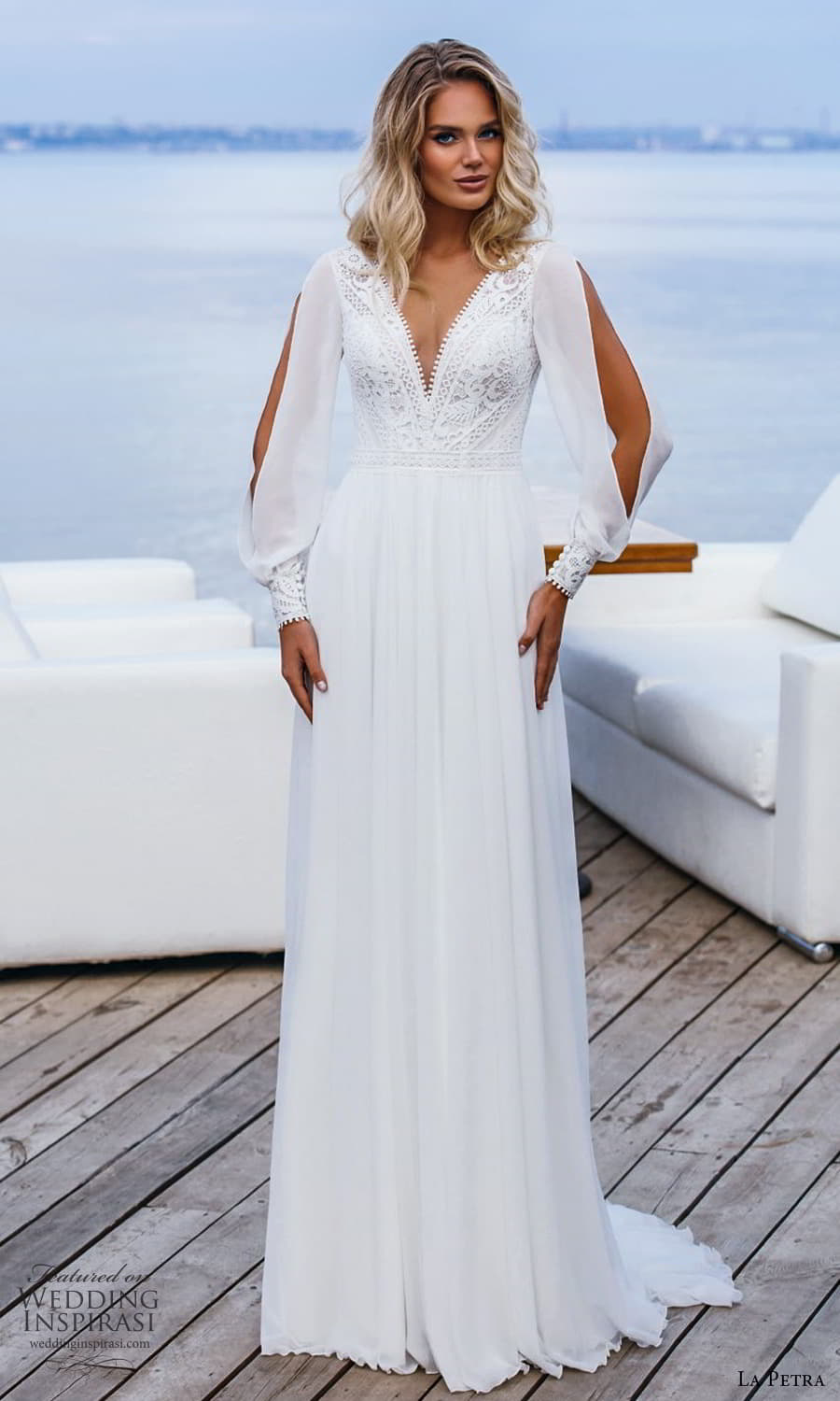 la petra 2021 bridal split bishop sleeve v neckline embellished bodice clean skirt a line wedding dress chapel train (24) mv
