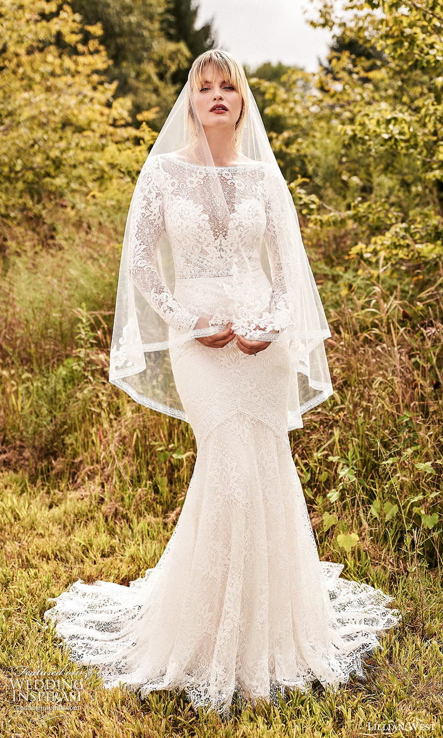 lillian west fall 2021 bridal long sleeve bateau neckline fully embellished lace sheath wedding dress chapel train (18) mv