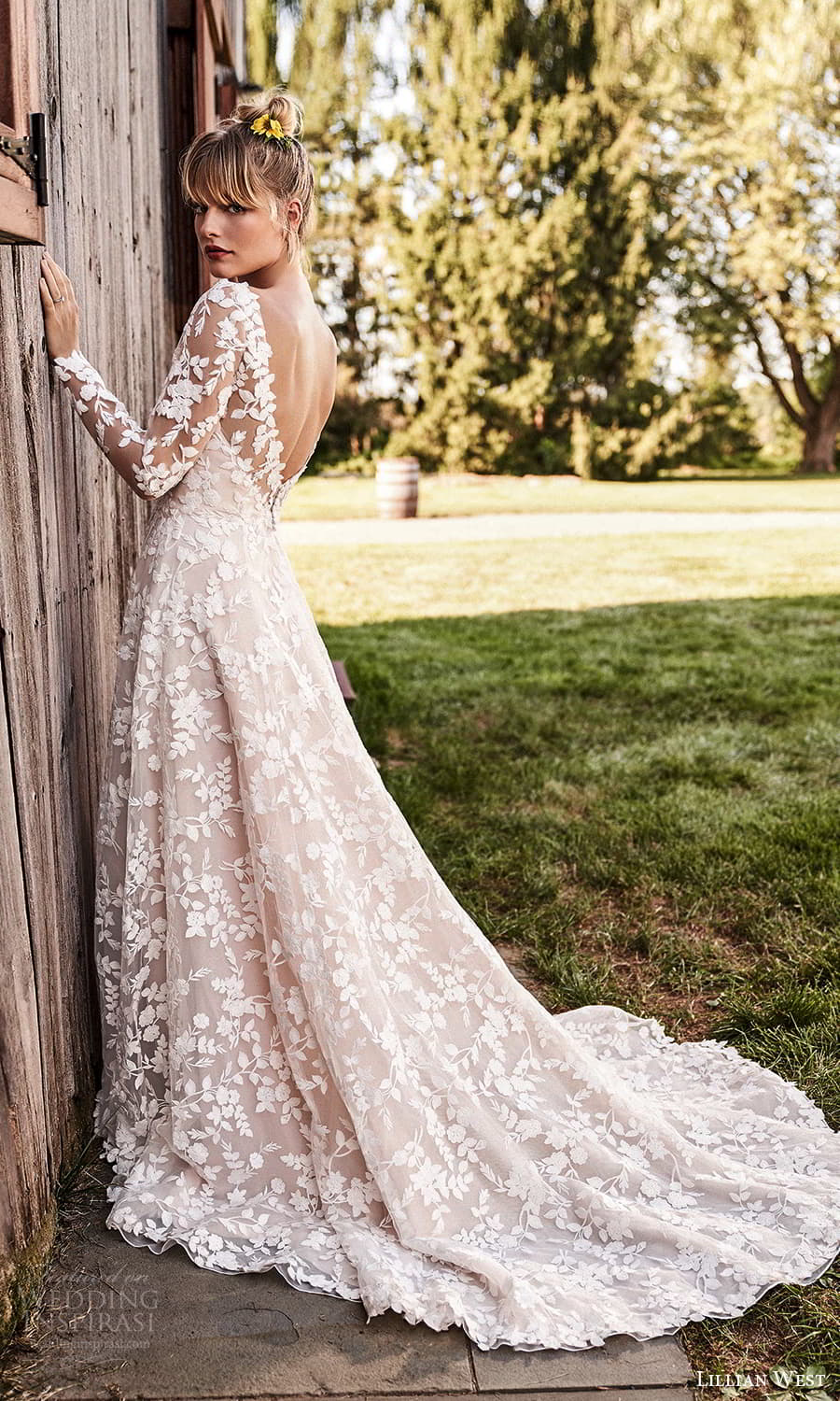 lillian west fall 2021 bridal long sleeve jewel neckline fully embellished a line wedding dress chapel train (4) bv lillian west fall 2021 bridal long sleeve jewel neckline fully embellished a line wedding dress chapel train (4) bv