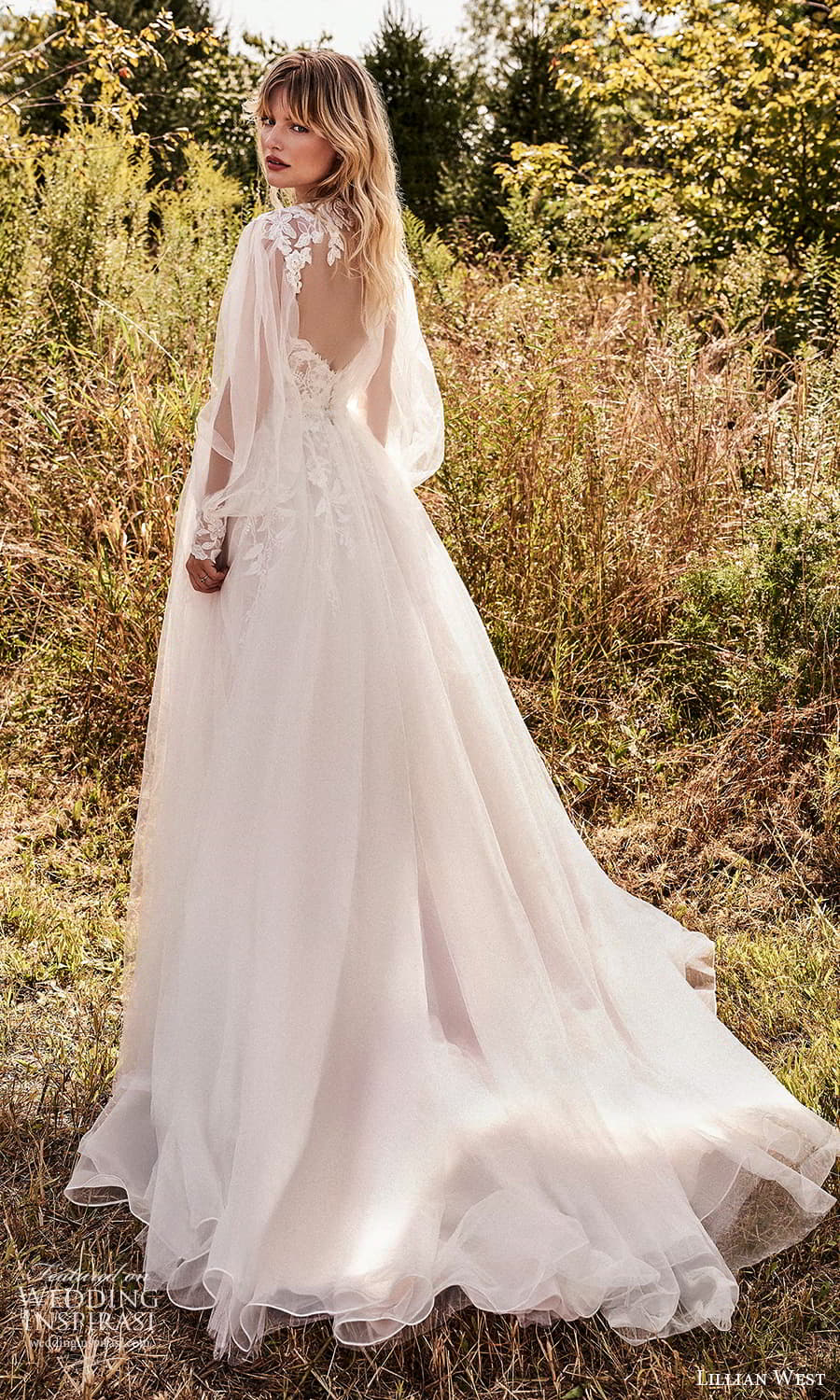 lillian west fall 2021 bridal sheer bishop sleeve jacket sleeveless strap sweetheart neckline embellished lace a line ball gown wedding dress chapel train (2) bv
