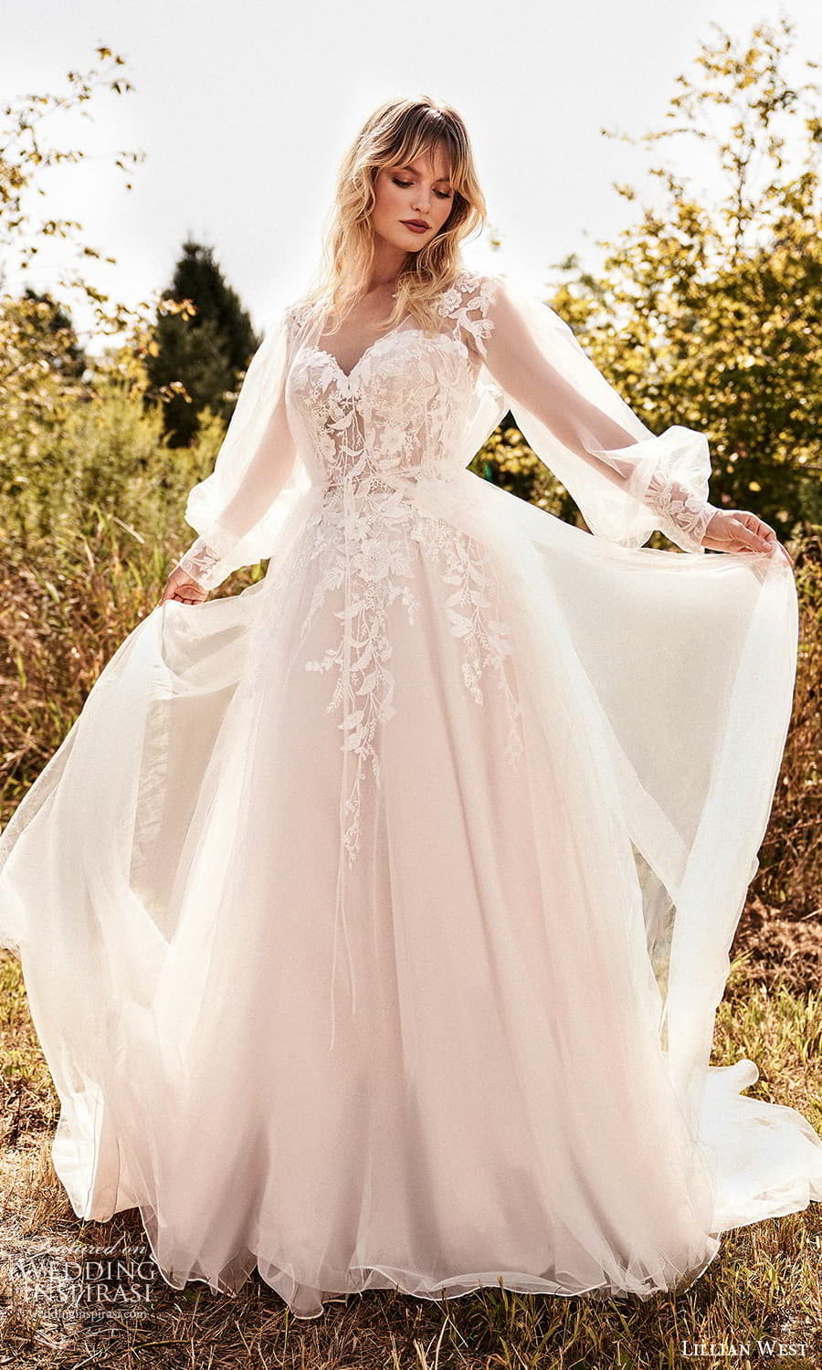 lillian west fall 2021 bridal sheer bishop sleeve jacket sleeveless strap sweetheart neckline embellished lace a line ball gown wedding dress chapel train (2) mv