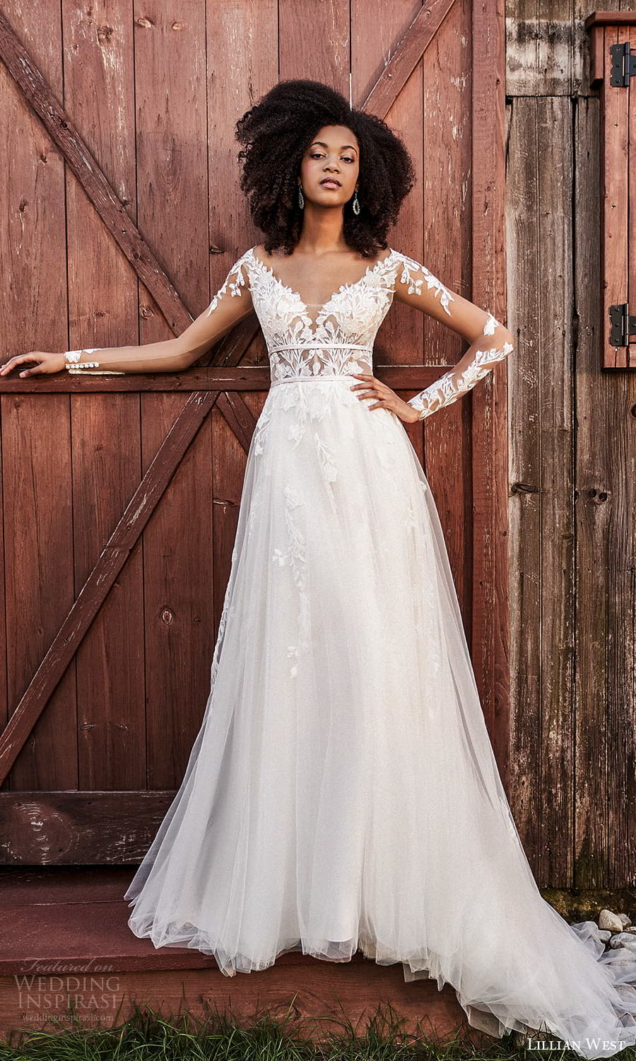 lillian west fall 2021 bridal sheer long sleeve v neckline fully embellished lace a line wedding dress chapel train (3) mv