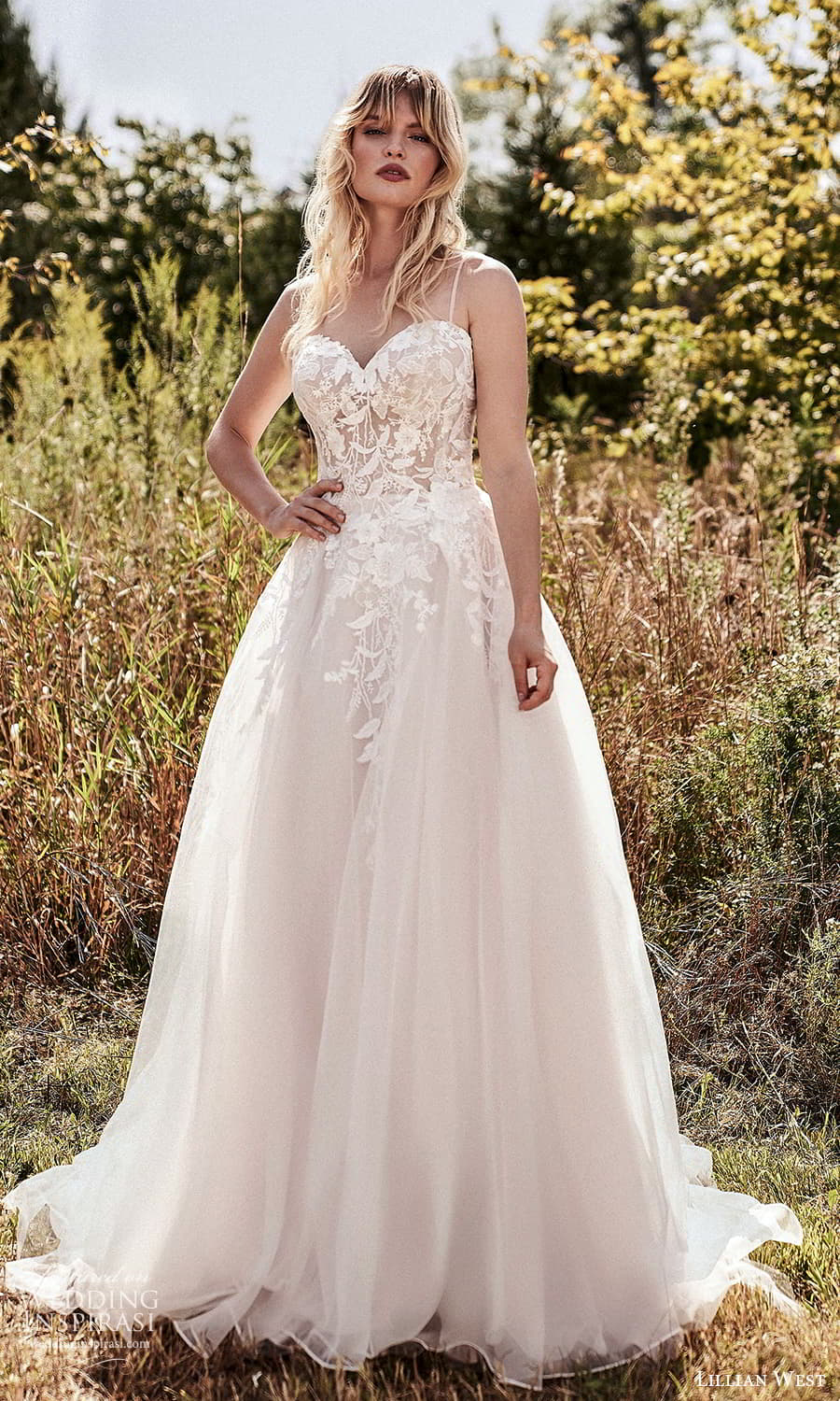 lillian west fall 2021 bridal sleeveless strap sweetheart neckline embellished lace a line ball gown wedding dress chapel train (2) mv