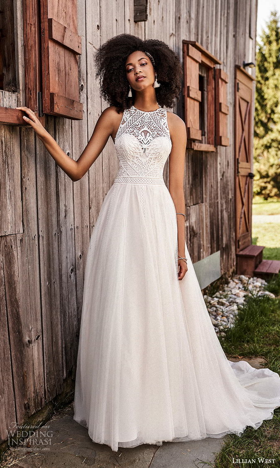 lillian west fall 2021 bridal sleeveless straps halter neckline embellished laec bodice a line wedding dress chapel train (5) mv