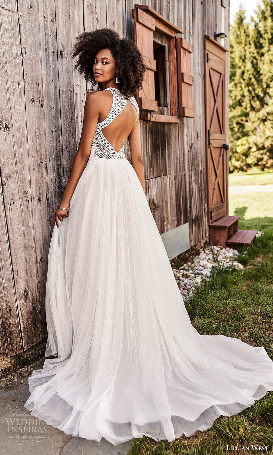 lillian west fall 2021 bridal sleeveless straps halter neckline embellished laec bodice a line wedding dress chapel train cutout back (5) bv