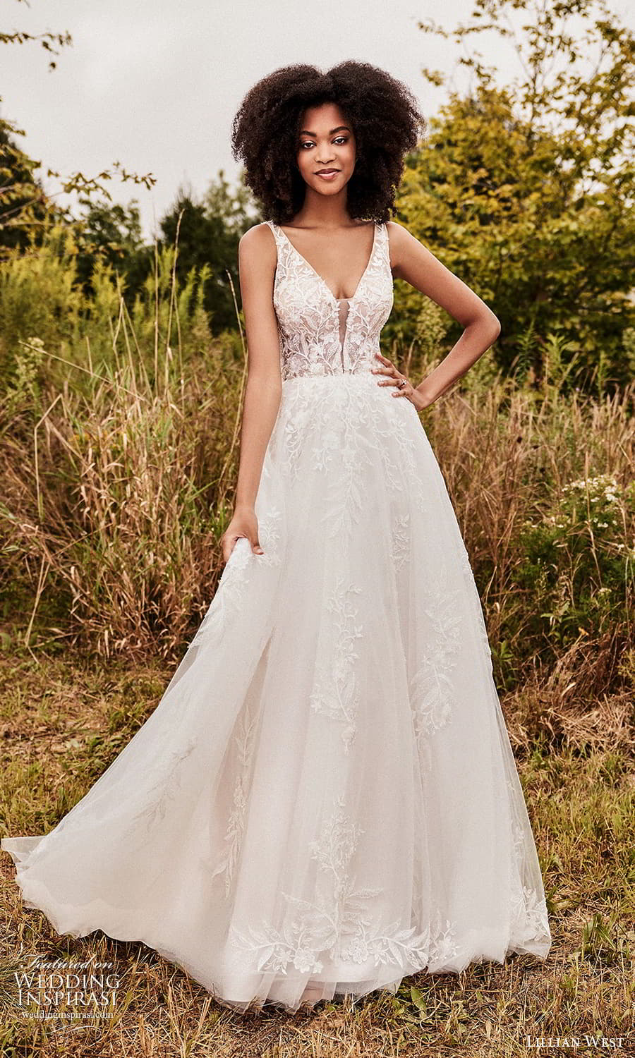 lillian west fall 2021 bridal sleeveless straps plunging v neckline fully embellished a line wedding dress chapel train (13) mv