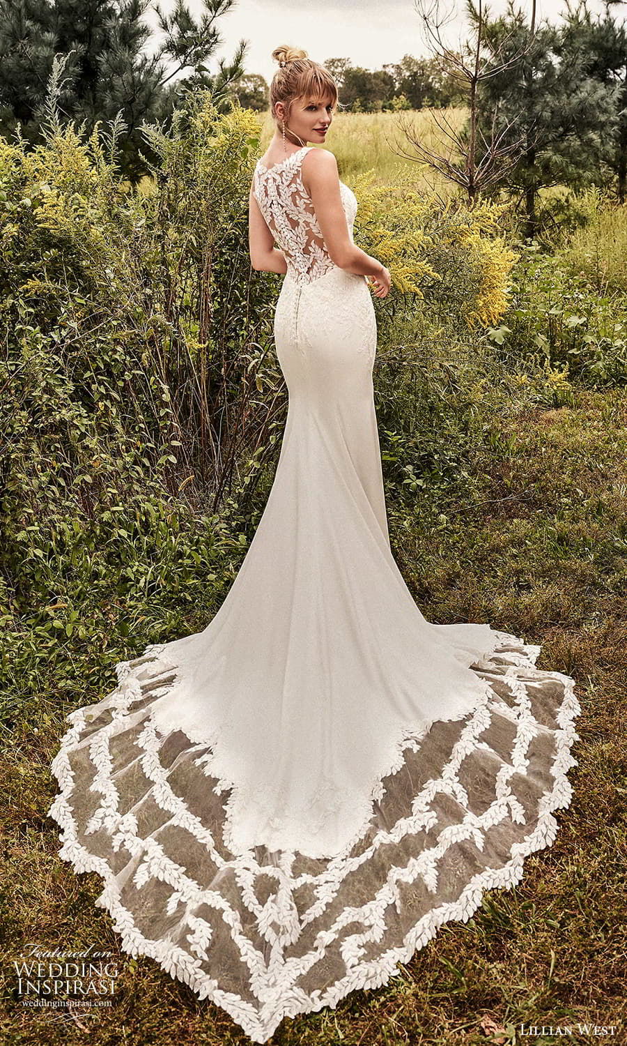 lillian west fall 2021 bridal sleeveless straps plunging v neckline fully embellished sheath wedding dress chapel train (10) bv