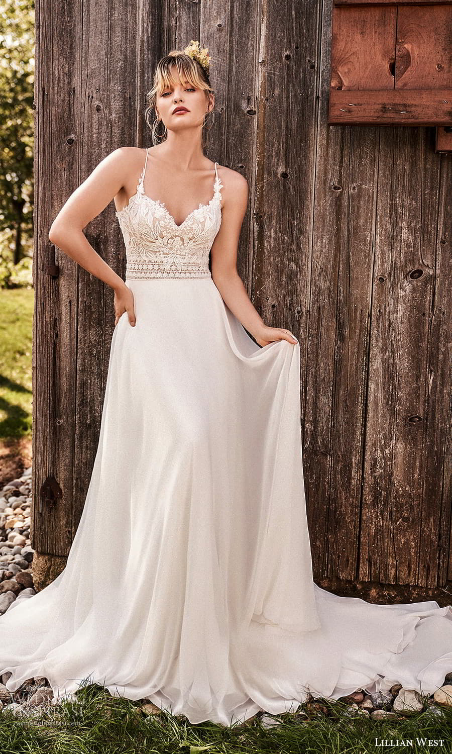 lillian west fall 2021 bridal sleeveless straps sweetheart neckline embellished bodice clean skirt a line wedding dress chapel train (6) mv