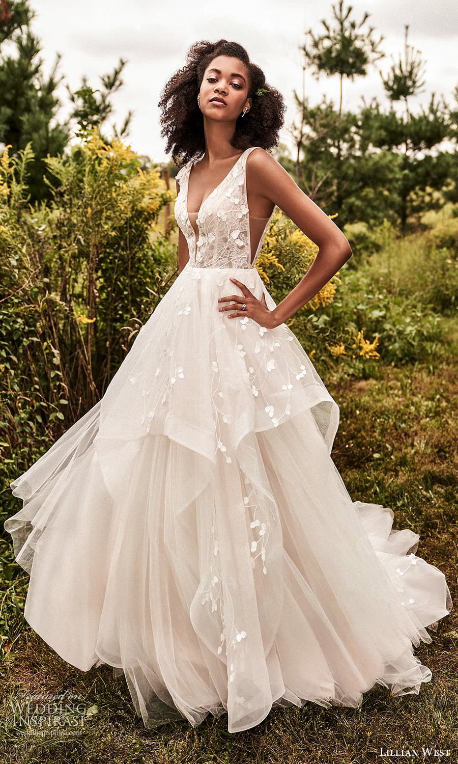 lillian west fall 2021 bridal sleeveless straps v neckline embellished bodice a line ball gown wedding dress chapel train (11) mv