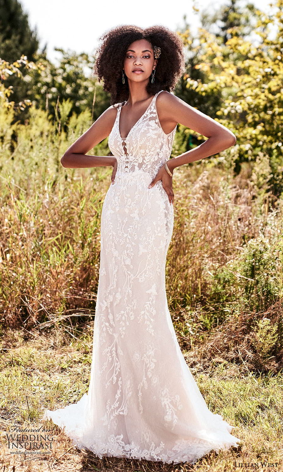 lillian west fall 2021 bridal sleeveless straps v neckline fully embellished lace sheath wedding dress chapel train (19) mv