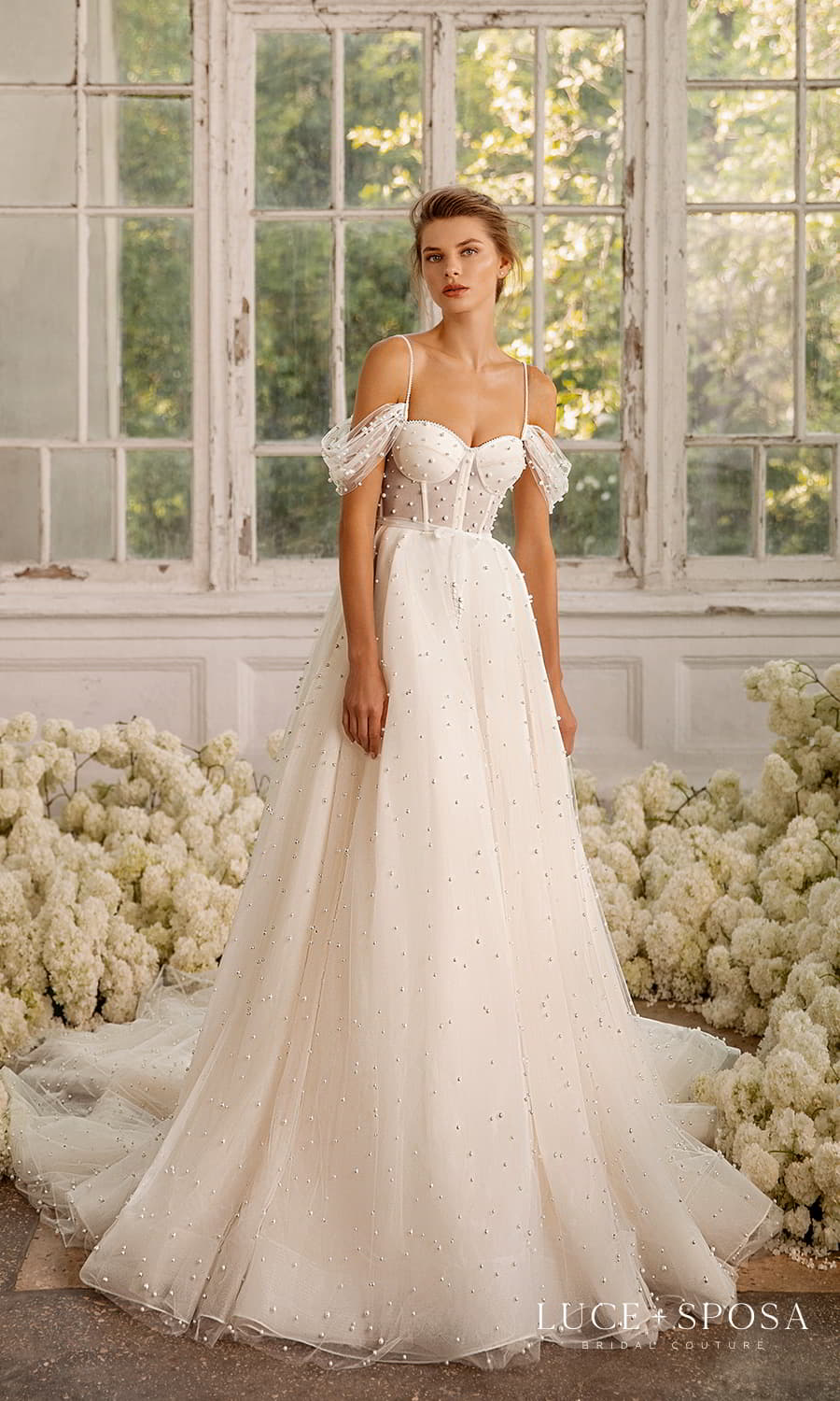 luce sposa 2022 symphony flowers bridal cold shoulder strap swag sleeve sweetheart neckline corset bodice embellished a line ball gown wedding dress chapel train (illusion) mv