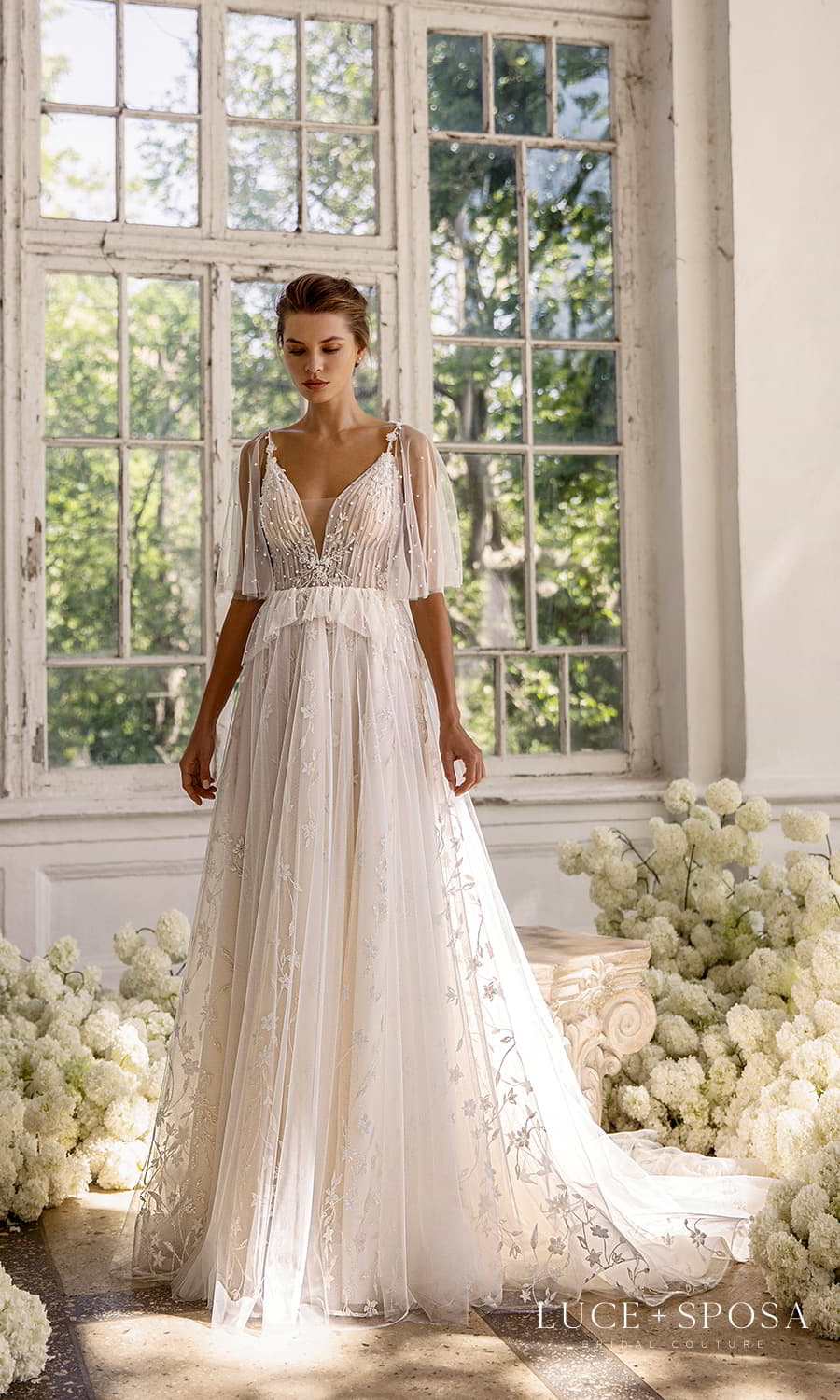 luce sposa 2022 symphony flowers bridal detachable flutter sleeves sleeveless straps plunging v neckline embellished bodice peplum a line ball gown wedding dress chapel train (freesia) mv