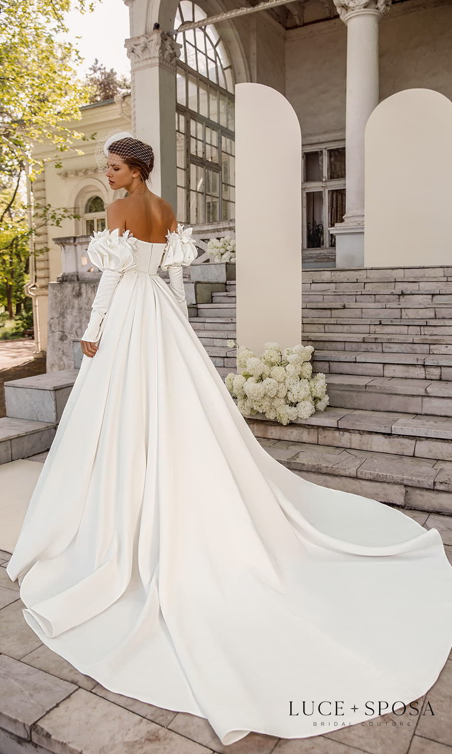 luce sposa 2022 symphony flowers bridal detached long puff sleeves strapless straight across neckline clean minimalist a line ball gown wedding dress chapel train pockets (lily) bv