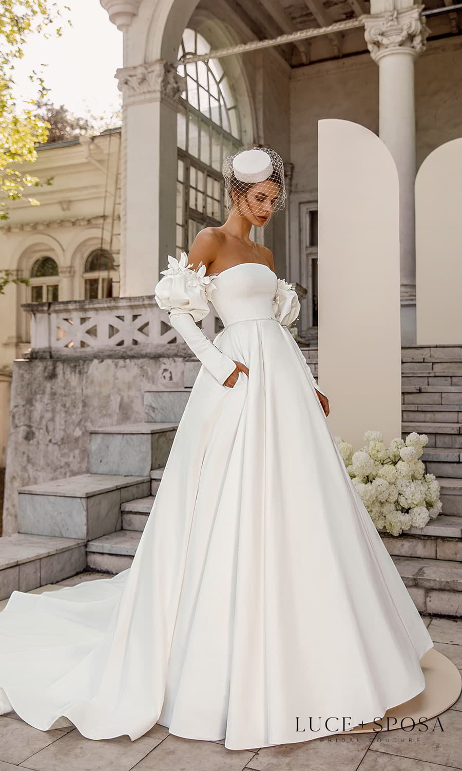 luce sposa 2022 symphony flowers bridal detached long puff sleeves strapless straight across neckline clean minimalist a line ball gown wedding dress chapel train pockets (lily) mv