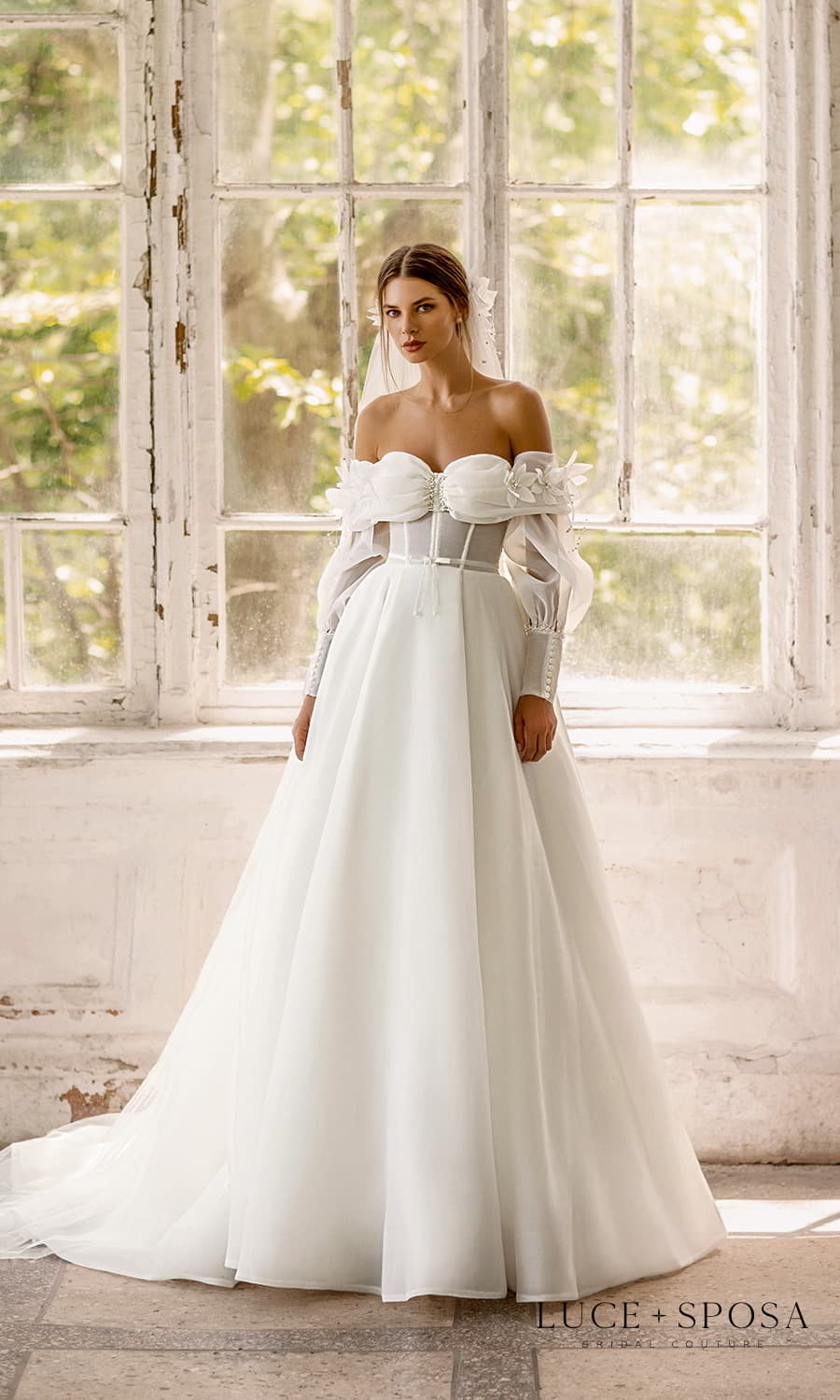 luce sposa 2022 symphony flowers bridal long bishop balloon sleeve off shoulder sweetheart neckline clean minimalist a line ball gown wedding dress chapel train (angela) mv