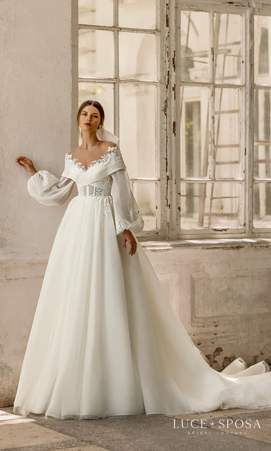 luce sposa 2022 symphony flowers bridal long bishop sleeve off shoulder surplice neckline embelished bodice a line ball gown wedding dress chapel train (melrose) mv