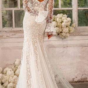 luce sposa 2022 symphony flowers bridal long flare sleeve plunging v neckline fully embellished lace sheath wedding dress chapel train (gia) bv