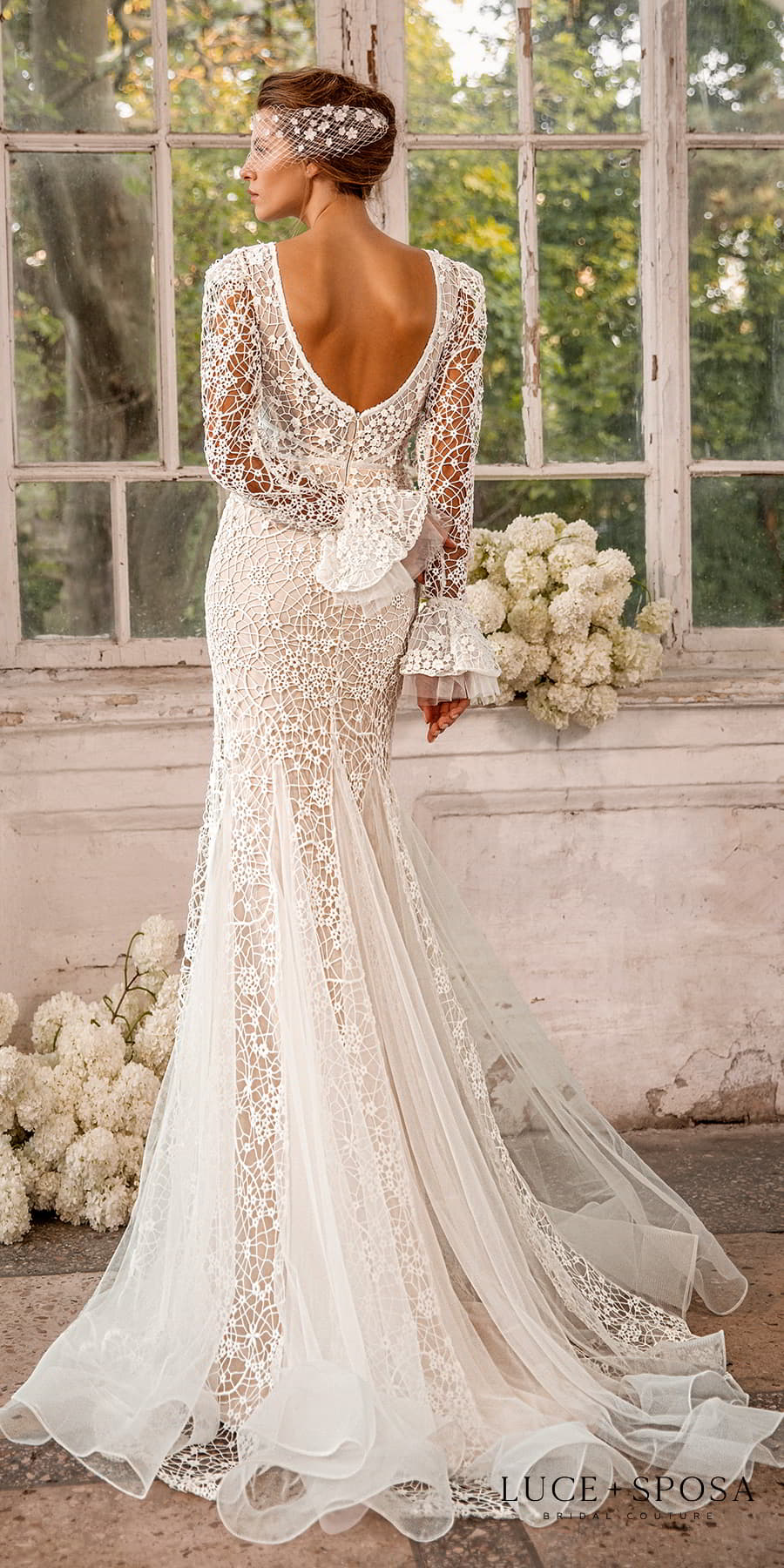 Long Sleeve Off The Shoulder Sheath Wedding Dress With Lace Bodice And  Train