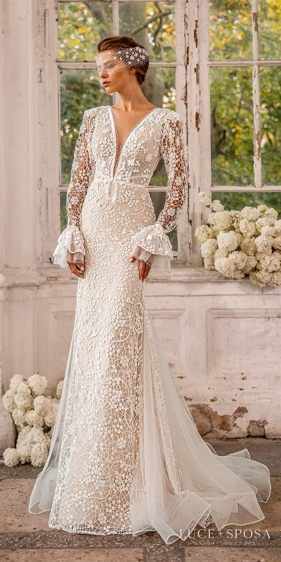 luce sposa 2022 symphony flowers bridal long flare sleeve plunging v neckline fully embellished lace sheath wedding dress chapel train (gia) mv